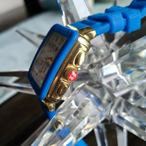 🤩SOLD🤩 Michele Watch Chronograph Park Gold & Blue Silicone 35mm Swiss Made - Picture 3 of 8